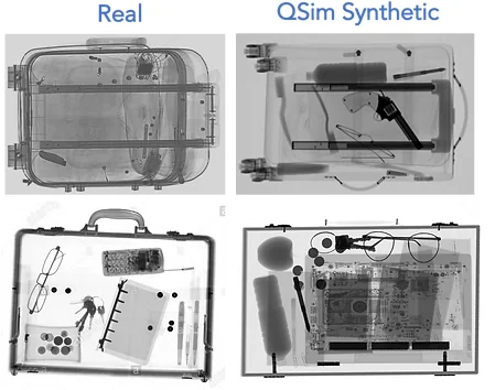 A collage of x-ray images generated using real data versus QSim synthetic data.