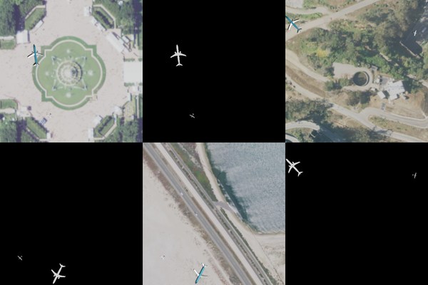 Image from Rendered.ai which combines ArcGIS imagery services and 3D models of planes. The images show the generated synthetic imagery and the 100% accurate masks that tell an algorithm exactly where the planes are.