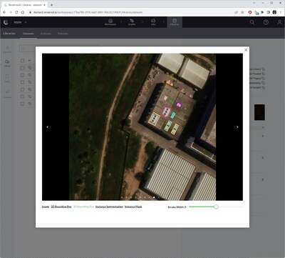 Simulated satellite imagery with randomly placed rooftop equipment and annotation boxes shown in Rendered.ai
