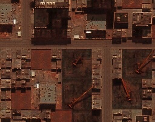 Rendered.ai generated this aerial image from a dataset used to detect cranes. The Rendered.ai platform was used to engineer this dataset for effective detection using physics-based simulation and GAN-based post processing.