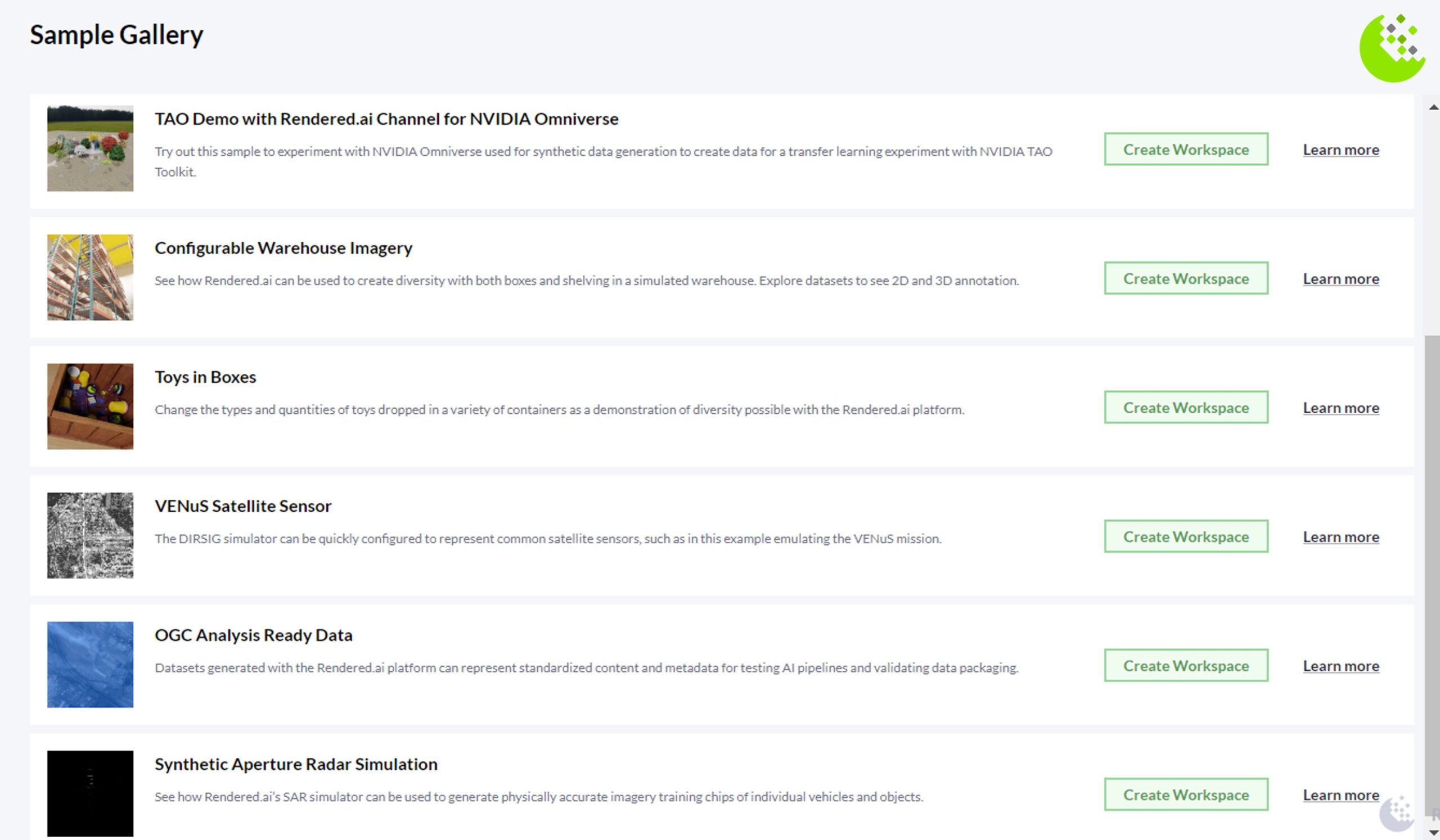 The Rendered.ai Platform as a Service sample gallery of imagery simulation workspaces for SAR, RGB, multi-spectral, and hyper-spectral.
