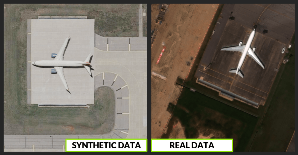 Real data versus synthetic data in imagery simulation.