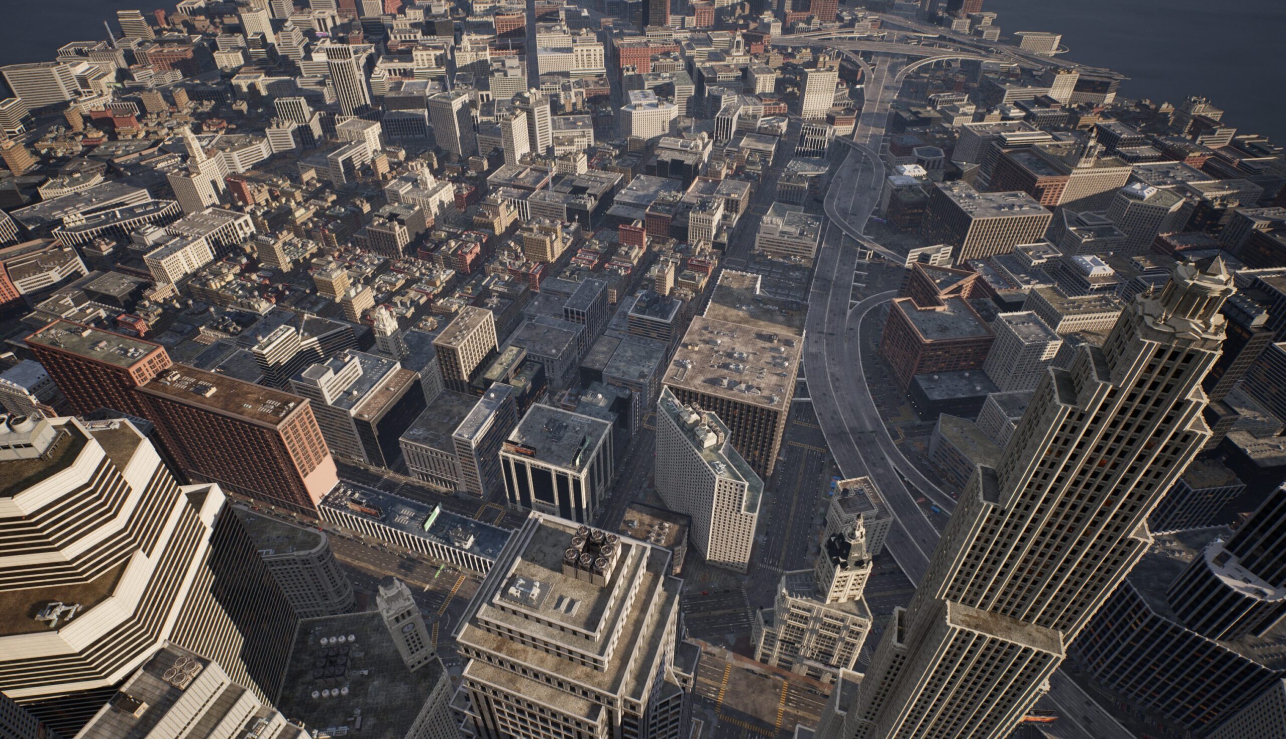 A simulated cityscape generated using physics-based synthetic data.