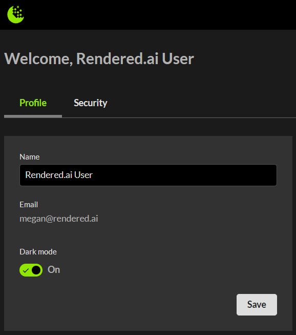 Visit user setting in the Rendered.ai platform to turn on a new feature, Dark Mode.