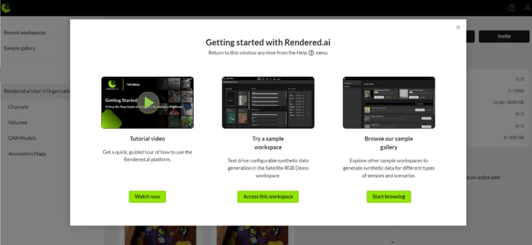 A new page in the Rendered.ai platform providing resources to help users start generating synthetic data faster.