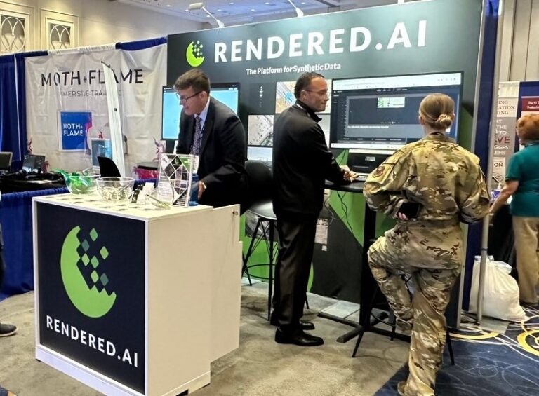 Synthetic data generation experts showcasing the capabilities of the Rendered.ai PaaS to attendees at the 2024 Air, Space & Cyber Conference.