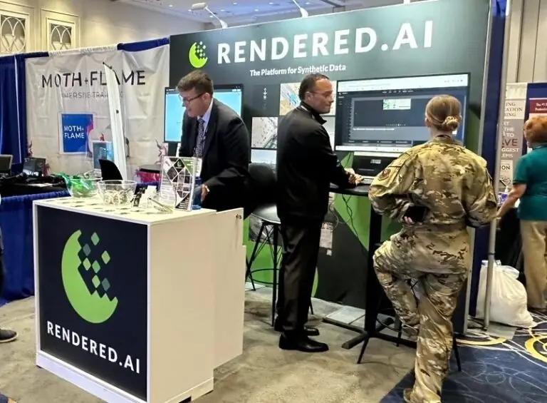 Synthetic data generation experts showcasing the capabilities of the Rendered.ai PaaS to attendees at the 2024 Air, Space & Cyber Conference.