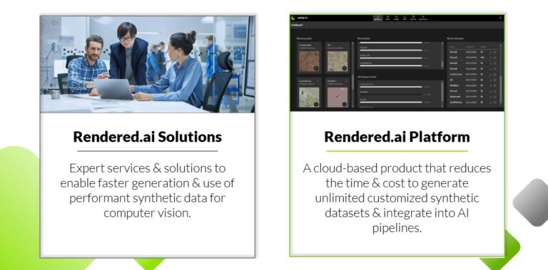 Rendered.ai offers both a Solutions package with full expert support to expedite performant synthetic data generation and a Platform subscription that computer vision engineers can use themselves to generate data.