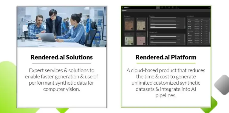 Rendered.ai offers both a Solutions package with full expert support to expedite performant synthetic data generation and a Platform subscription that computer vision engineers can use themselves to generate data.