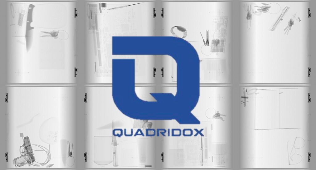 Synthetic X-ray images generated with the Quadridox logo overlayed.