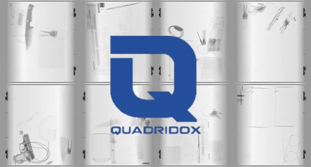 Synthetic X-ray images generated with the Quadridox logo overlayed.