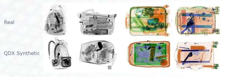 A comparison of real X-ray imagery vs. synthetic X-ray images generated with QSim RT and Rendered.ai.