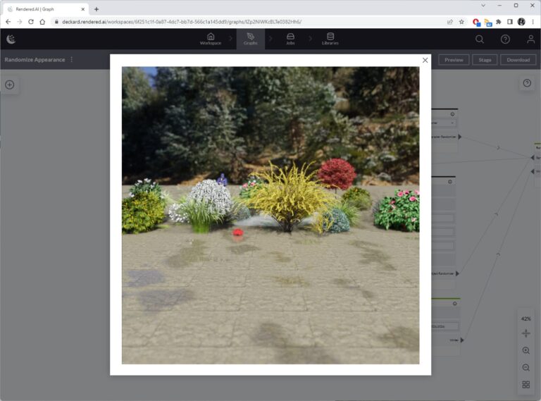 A screenshot of synthetic imagery generation using NVIDIA Omniverse Replicator and TAO in the Rendered.ai data engineering PaaS for computer vision.