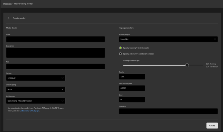 Computer vision model upload menu in the Rendered.ai Platform.