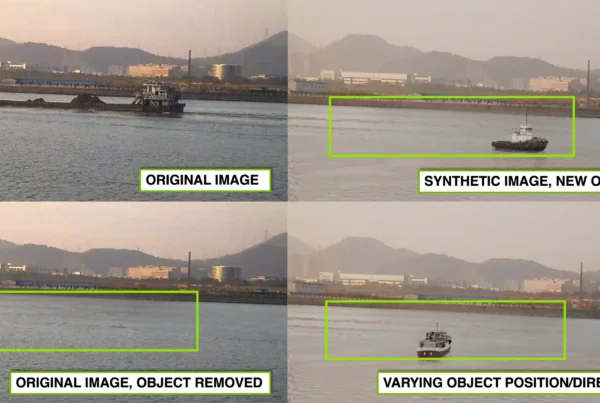 Step-by-step visuals of a real marine oblique scene with a barge, using inpainting to remove the barge, and then replace it with a tugboat in varying positions and directions.