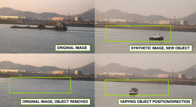 Step-by-step visuals of a real marine oblique scene with a barge, using inpainting to remove the barge, and then replace it with a tugboat in varying positions and directions.