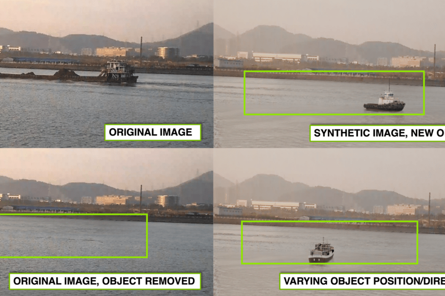 Step-by-step visuals of a real marine oblique scene with a barge, using inpainting to remove the barge, and then replace it with a tugboat in varying positions and directions.