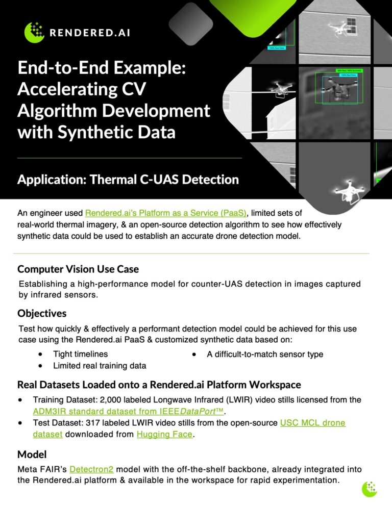 End-to-end computer vision algorithm development with synthetic data for counter-UAS thermal drone detection.