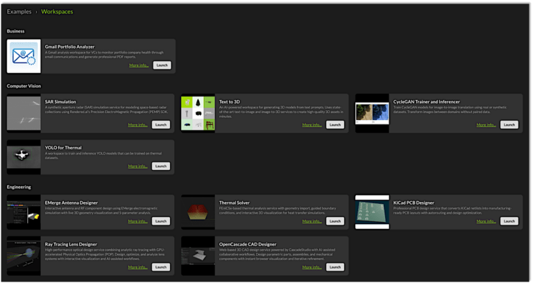 A library of example AI agent design workspaces available in Rendered.ai's Agent Studio.