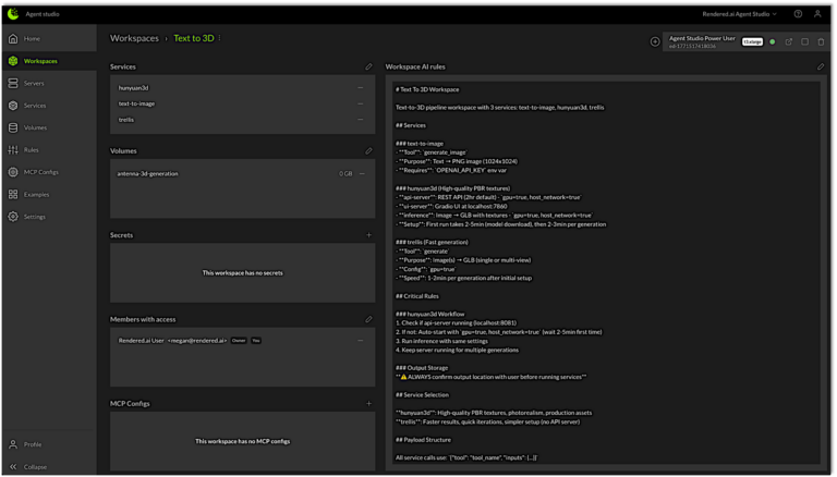 Use the Rendered.ai Agent Studio to customize an AI agent with specific context, rule sets, MCP configurations, secure network and data access, and more.