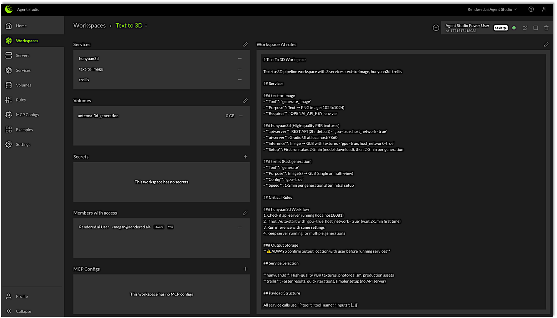 Use the Rendered.ai Agent Studio to customize an AI agent with specific context, rule sets, MCP configurations, secure network and data access, and more.